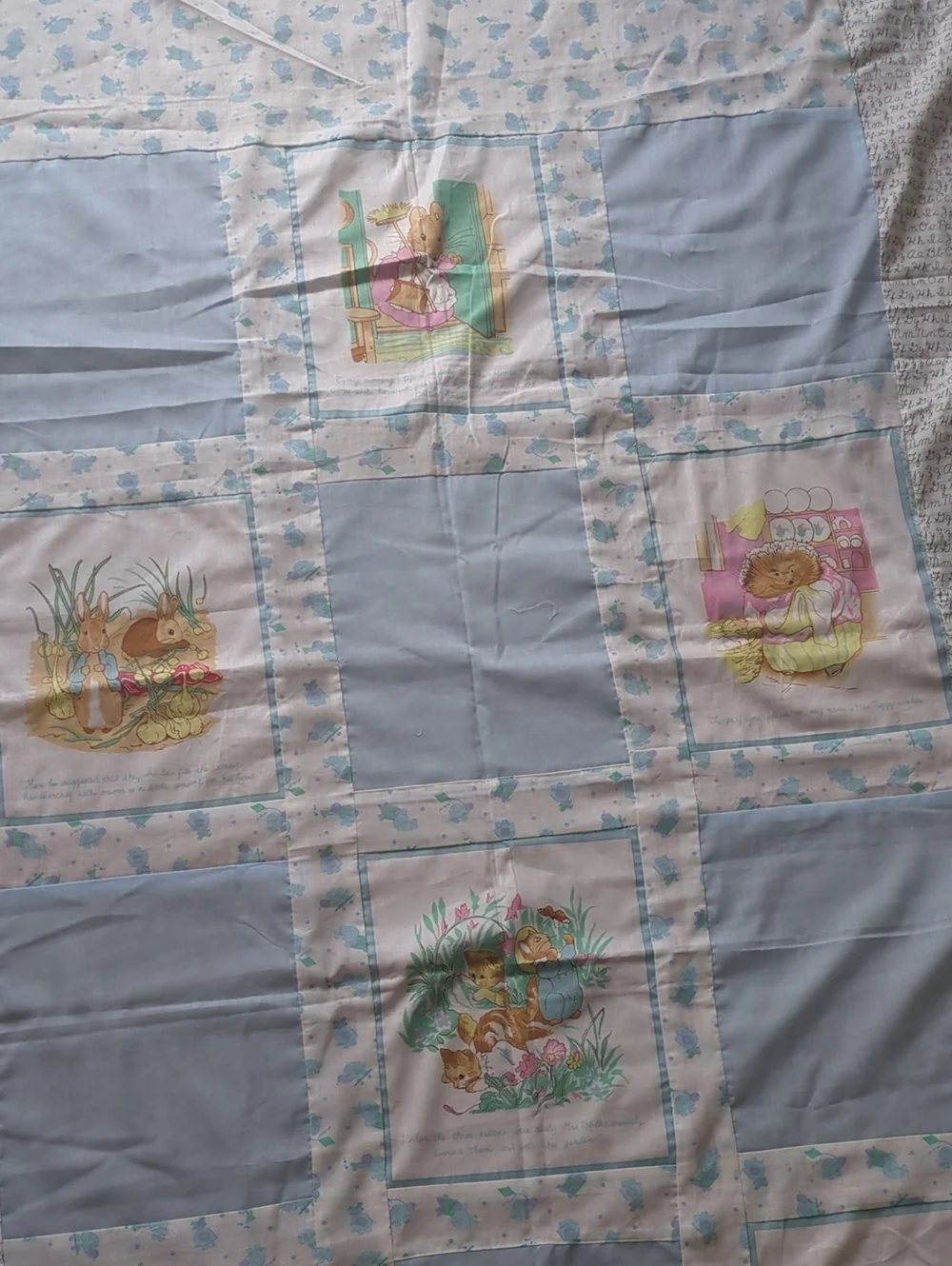 Handmade Peter Rabbit Beatrix Potter Quilt Top 77.5x87 Unfinished Cotton